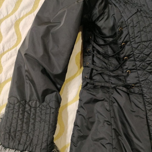 Rene Dehry black mid-length jacket like new with quilted design and faux fur