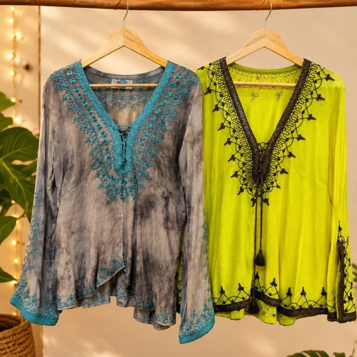 Two kaftans with handmade embroidery by Dar Mode and MAJORELLE