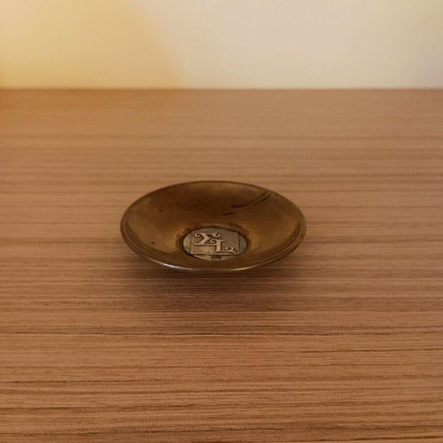 Vintage brass tray with 925 silver monogram used