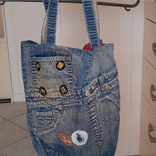 Handmade denim shoulder tote bag used, blue, cotton