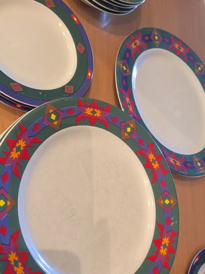 Big Sky Signature serving set with plates and cups, colorful design