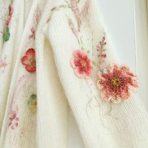 Cardigan long knit with handmade crochet flowers, new, alpaca wool