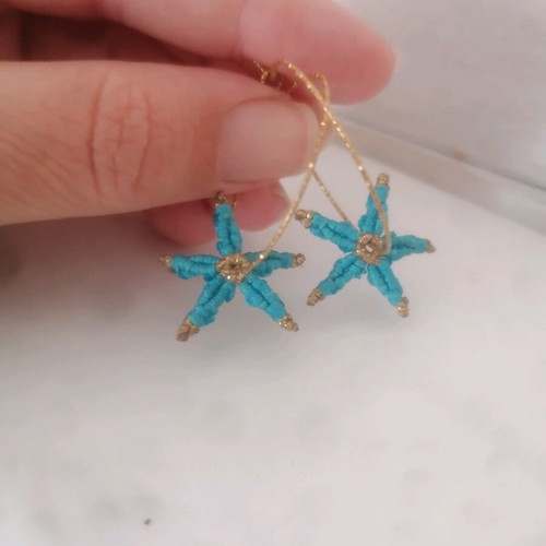 Macrame earrings like new, handmade blue starfish with steel hoops