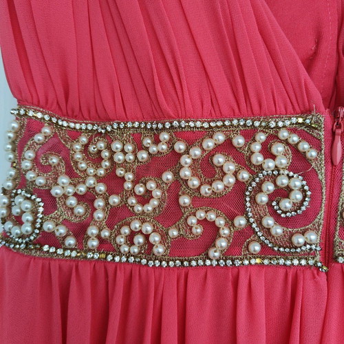 Maxi dress like new coral/salmon with gold lace and pearls, size 40