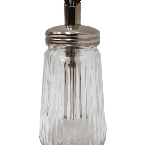 Vintage glass sugar pourer with metal dispenser and stainless lid, like new
