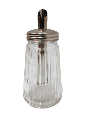 Vintage glass sugar pourer with metal dispenser and stainless lid, like new