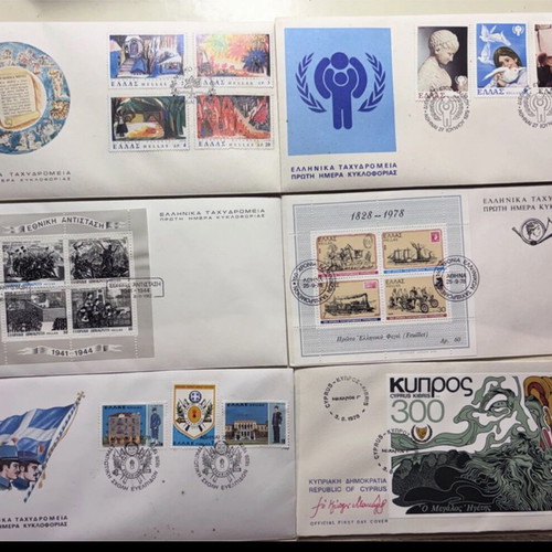 First Day Covers used, 5 Greek and 1 Cyprus pieces