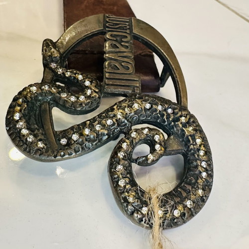 Just Cavalli leather belt with snake metal buckle, 100 cm, brown