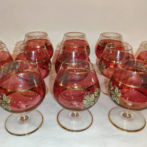 Cognac glasses used, pack of 11, red with gold and green design