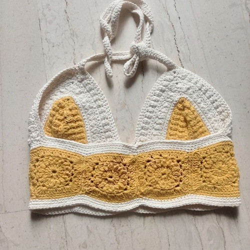 Handmade knitted crop top white and yellow with granny squares, new