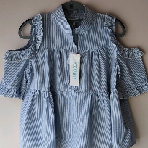 Blue Vanilla blouse shirt with open shoulders and ruffles, new, size S