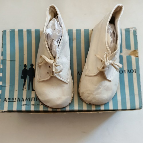 Vintage Afii Lampropouloi Shoe Box and Baby Shoes 1950s-60s, like new