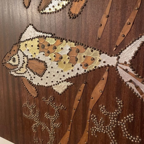 Metal Art Handmade Wall Art with Sea Life on Wooden Plaque