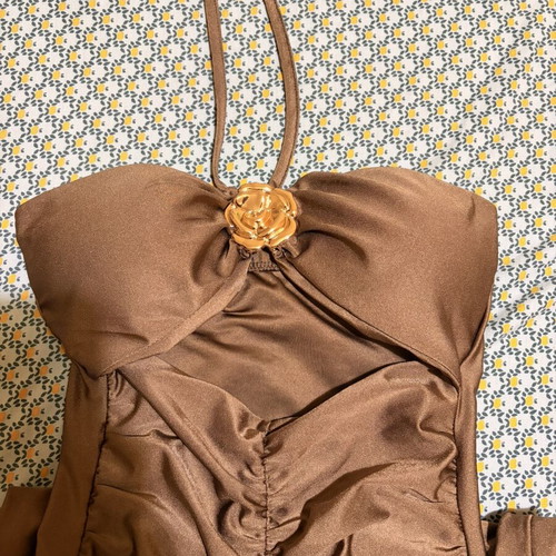 Fitted dress with front slit and halter neck, brown