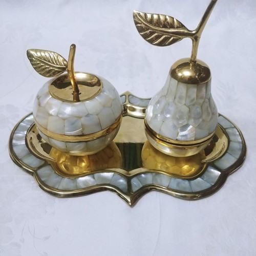Brass and mother of pearl inlaid tray with used jewelry boxes from India 60s