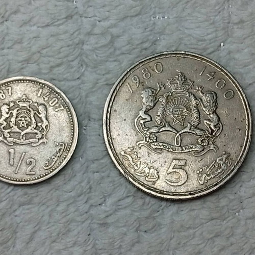Morocco coins used, set of 2, 5 and 1/2 dirhams