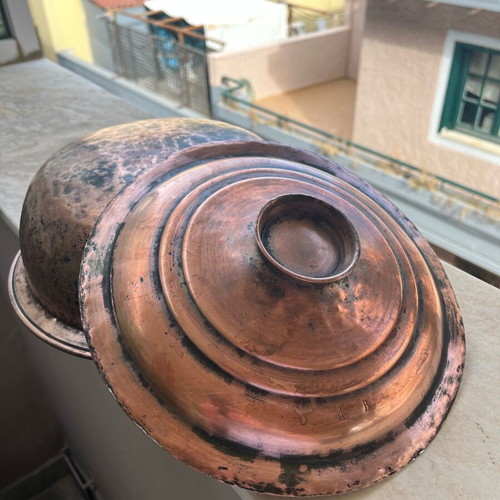 Antique copper pot with lid and monograms used, circa 1900