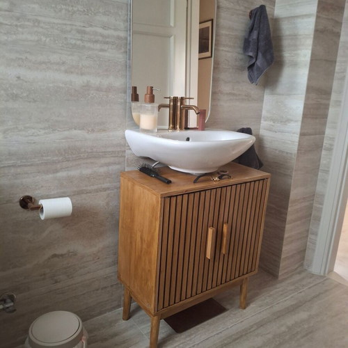 Handmade bathroom vanity cabinet with two doors and shelf