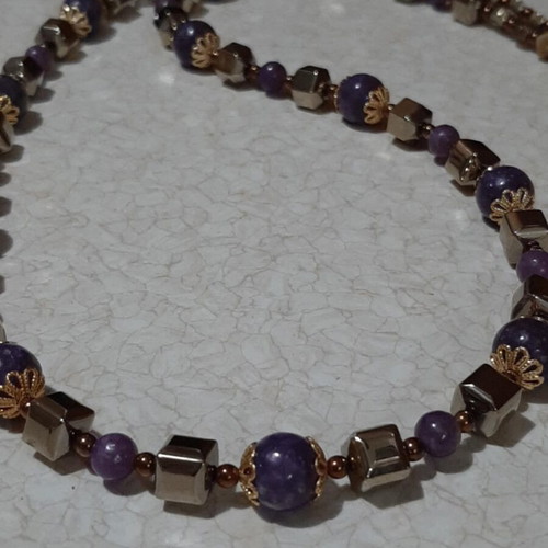 Necklace with Lepidolite and Hematite in 925 Silver, over 60 cm, new