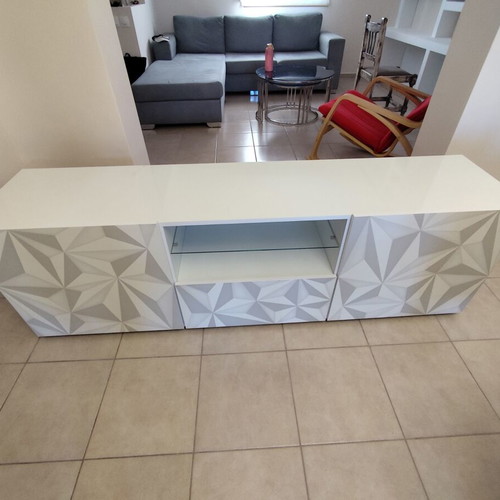 Modern TV stand with geometric design, white and grey