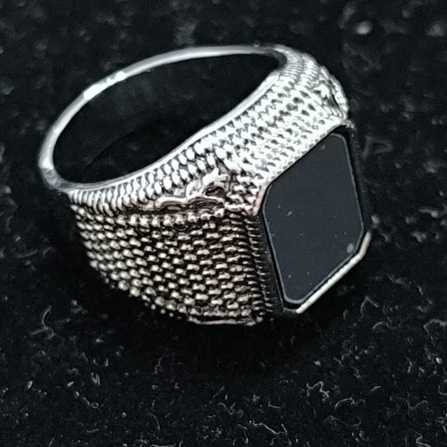 Men's signet ring with black stone, stainless steel, new