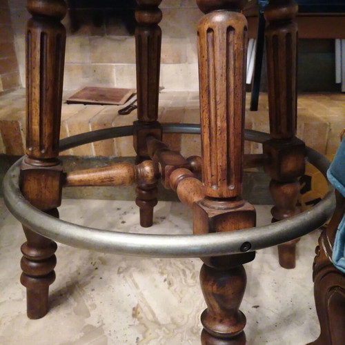 Kourtis two wooden swivel bar stools, handcrafted, leather upholstery, neoclassical