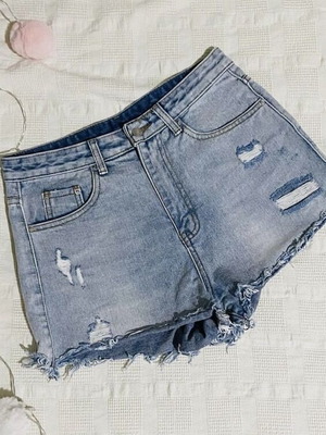 Jean shorts like new, blue faded, high waist with pockets and rips, size M