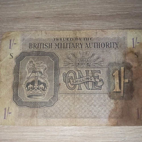 British military banknote 1 Shilling 1943 used, Greece