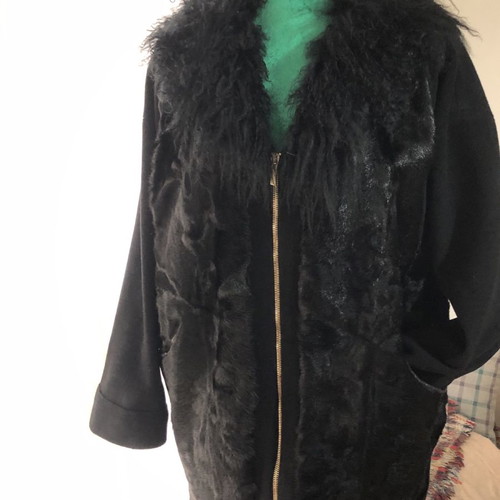 Swakara coat new with detachable fur collar, black, size L-XL