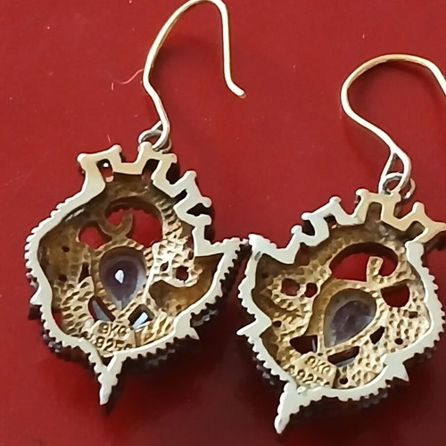 Earrings with semiprecious stones and vintage diamonds in 925 silver and 9k gold