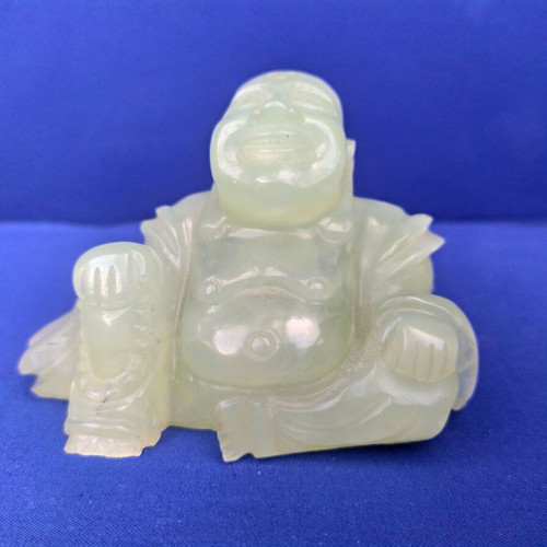 Vintage Budai figurine, handmade natural hard stone, celadon style