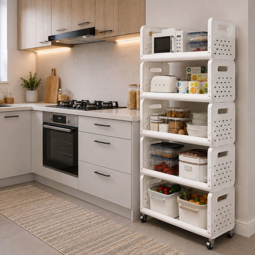 5-Tier Mobile Storage Rack with Wheels, new, 122 × 40 × 28.5 cm