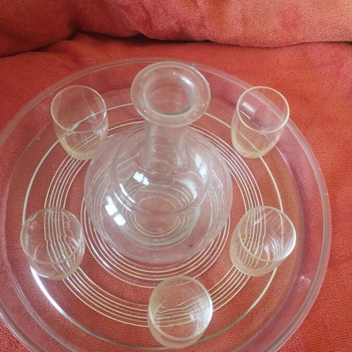Glass liqueur set used, 5 glasses, small decanter, tray