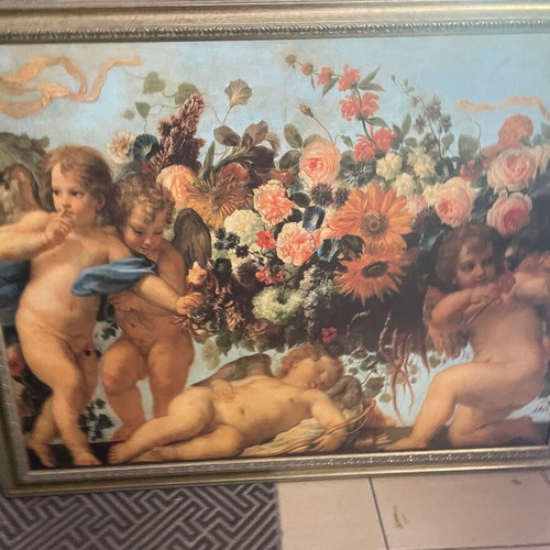 Painting with Angels in Pastel Shades like new, gold frame