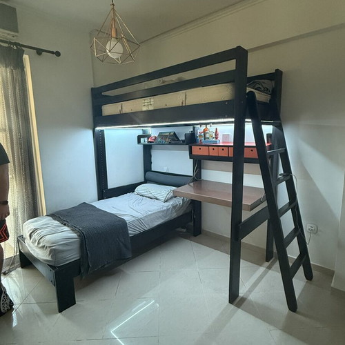 Corner bunk bed used, solid wood with desk and storage