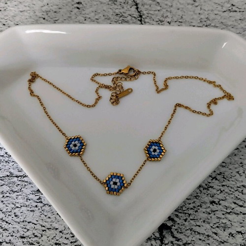 Steel necklace three evil eyes miyuki made to order, blue and gold