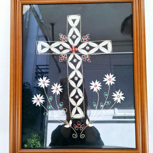 Framed handmade cross from silkworm cocoon like new