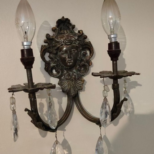 Bronze carved wall light used with hanging crystals, set of 2
