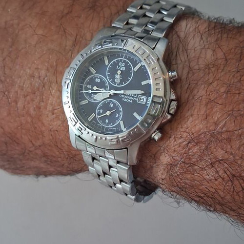 Seiko Quartz Japan Chronograph Alarm watch used, blue dial, silver bracelet