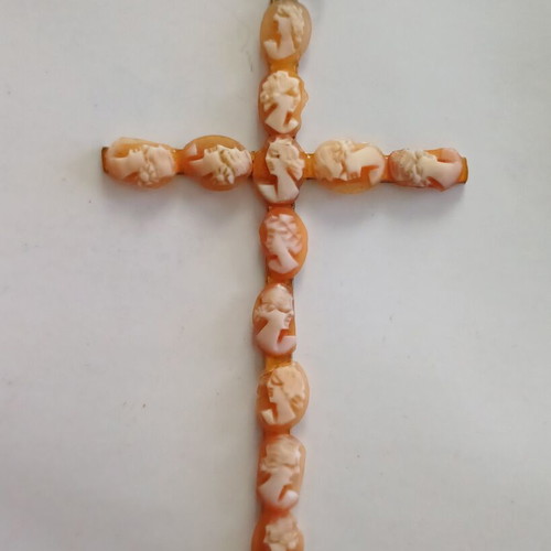 Antique cross pendant with 12 micro-cameos, natural shell & 800 silver