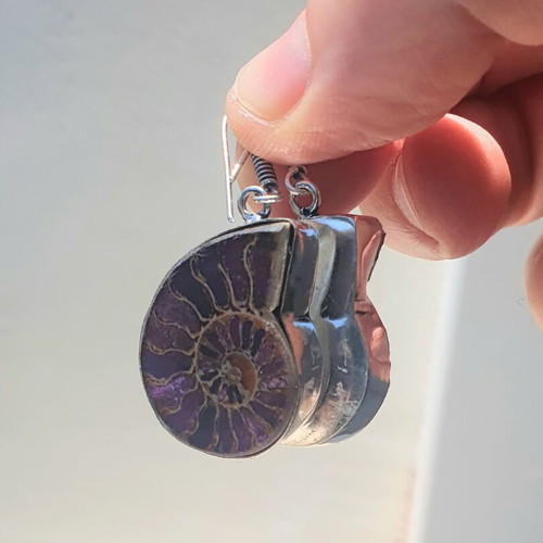 Silver Plated Earrings with Colorful Ammonite Design and Dichroic Glass