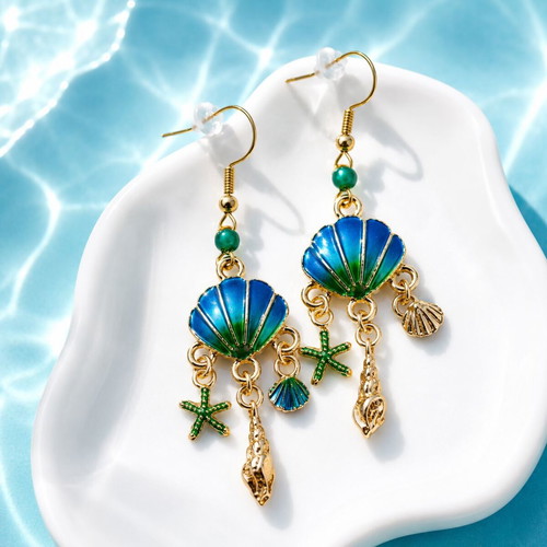 Handmade Mermaid Tears Summer Earrings with Enamel Shells and Starfish