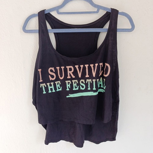 Crop top with "I Survived the Festival" print, black