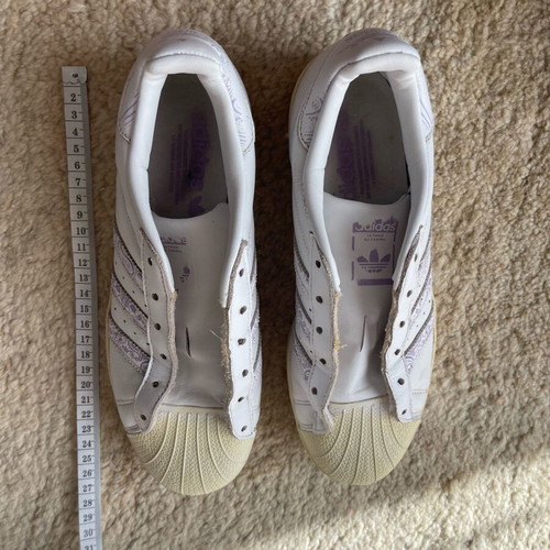 Adidas Superstar sneakers used, white with vintage stripe pattern, size 39