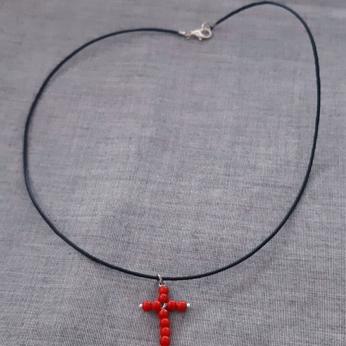 Elli cross with natural red coral and black genuine leather strap, new