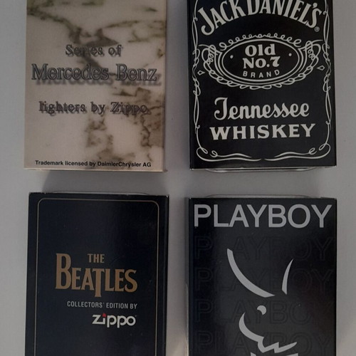 Zippo empty metal boxes like new, set of 4 with Playboy, Mercedes, The Beatles, Jack Daniel's