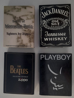 Zippo empty metal boxes like new, set of 4 with Playboy, Mercedes, The Beatles, Jack Daniel's