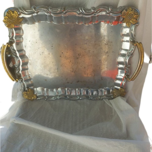 Vintage metal serving tray with gold grapes and 12 paper coasters used