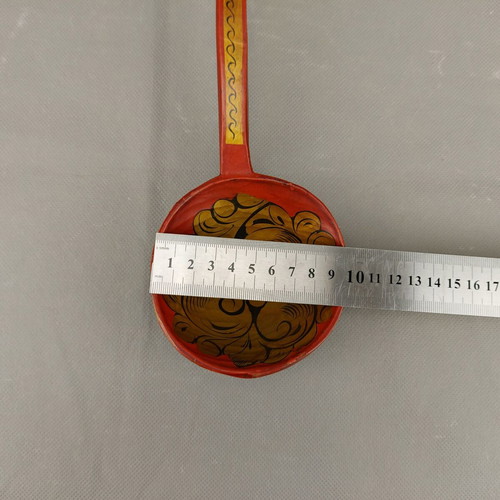 Old Hand-Painted Russian Wooden Serving Spoon Used with Khokhloma
