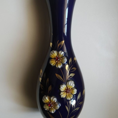 B H Geschenke cobalt blue vase used, hand-painted